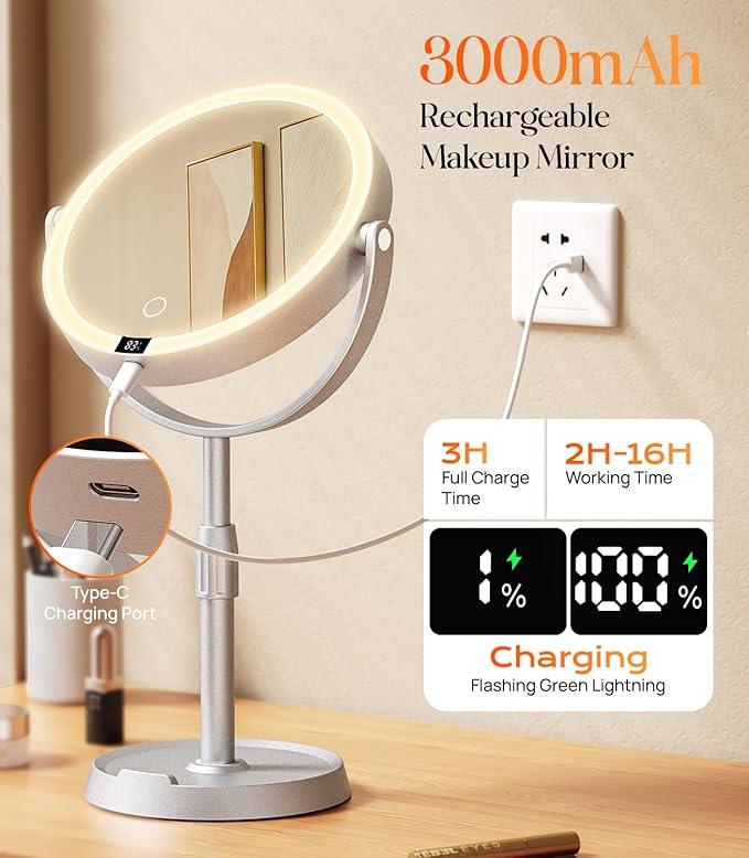 Gospire 8” Lighted Makeup Mirror with Lights and Magnification, 20X Magnifying Mirror with Light for Makeup Desk, Height Adjustable and Digital Display, Shaving Mirror for Bathroom, Gifts for Women