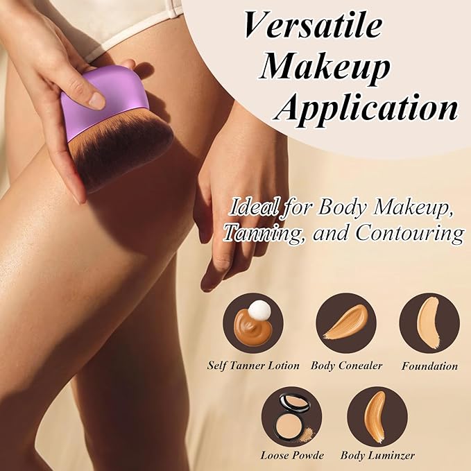 GloréBrochas 75MM Extra Large Self Tanner Kabuki Makeup Brush – Ultra Soft Dense Vegan Bristles for Body Makeup, Bronzer & Foundation–Applies Tanning Mousse, Lotion & Self Tanner–Purple, Wet & Dry