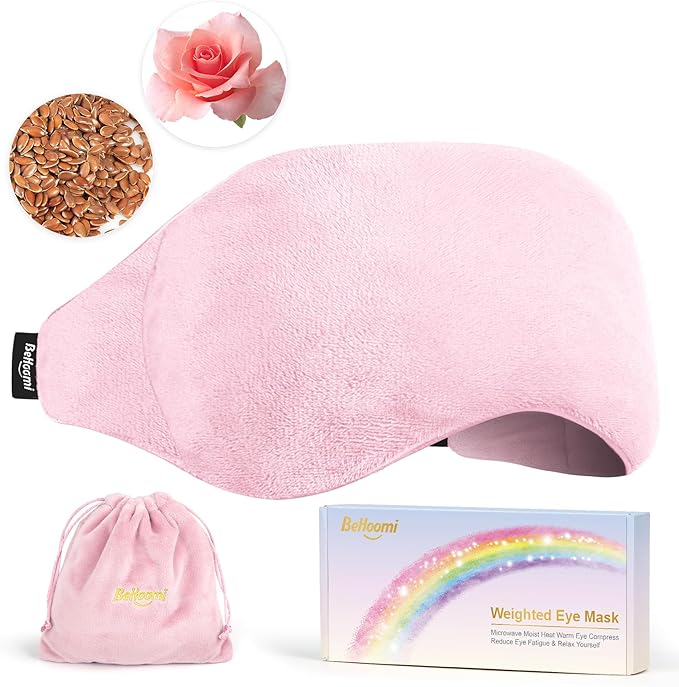 BeHoomi Weighted Eye Mask for Sleeping, Soft Heated Eye Mask, Moist Heat Warm Compress for Eyes, Natural Rose & Flaxseeds Microwave Reusable Sleep Mask, Must Haves for Women Spa, Home, Office
