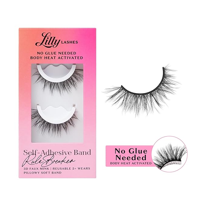 Lilly Lashes 3D Self Adhesive Eyelashes, No Lash Glue Needed, Body Heat Activated Press on Lashes, Reusable Self Adhesive Eyelashes Up to 5x, Easy to Apply & Remove (RuleBreaker)