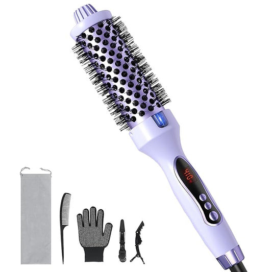 Thermal Brush, 1.5 inch Heated Round Brush Hair Curling Brush for Natural Curl, Straightener and Curler 2 in 1, Negative Ion Technology, 9 Temperature Settings, Dual Voltage for Travel, Purple