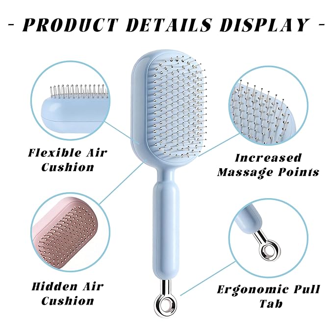 Retractable Cushion Massage Comb, 2026 Upgrade Self Cleaning Hair Massage Brush Anti-Static Air Cushion Comb, Retractable Cushion Scalp Comb for Curly Wet Dry Damaged Hair (Blue)
