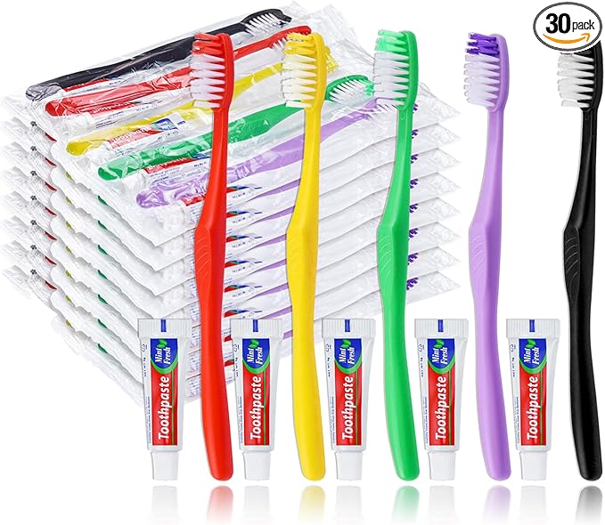 30pcs Disposable Toothbrushes with Toothpaste,Single Use Toothbrush with Toothpaste Individually Wrapped Disposable Travel Toothbrushes Kit Bulk for Homeless,Hotel,Guests(5 Colors)