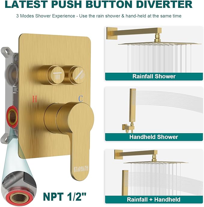 Brushed Gold Shower System, STARBATH 12 inch Rainfall Shower Head with Handheld Combo Set, Push Button Diverter 2 Functions Simultaneous Use, Bathroom Shower Faucet Set Rough in Valve Body and Trim