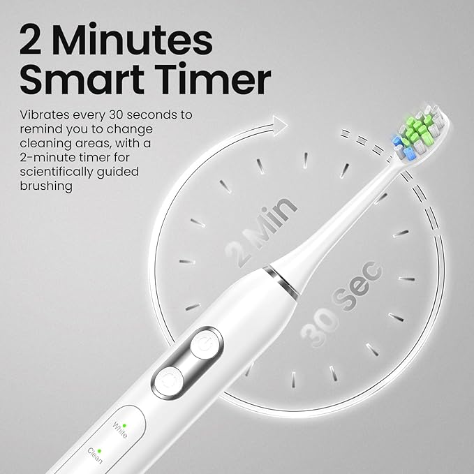 YUNCHI Electric Toothbrush Birthday/Valentine Plastic 8 Heads 24-Mo Deep Cleans Gentle Gums Removes Stains 3Hr USB-C 90d 2-Min Timer/30s IPX7 - White
