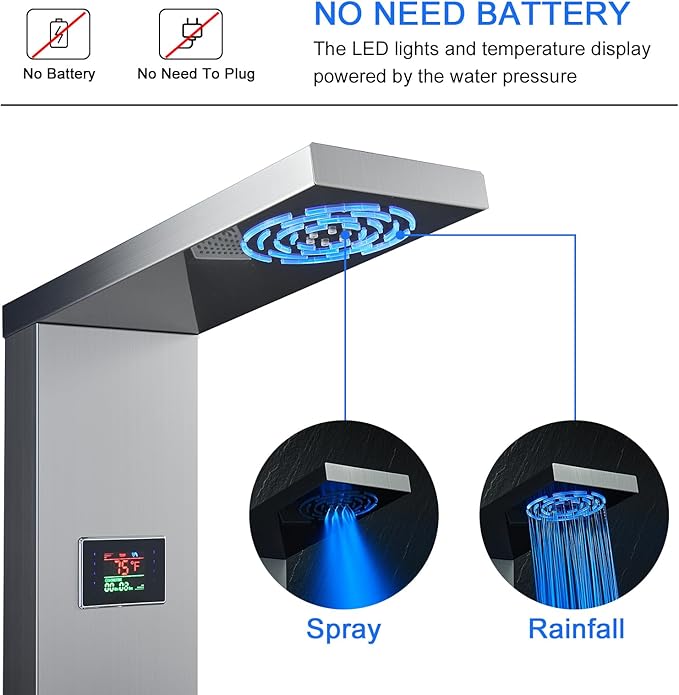 TSIBOMU Stainless Steel Shower Panel Tower System with LED lights(No battery need), Hydroelectric LED Rainfall Shower Tower System with 6 Pcs Body Jets, Brushed Nickel