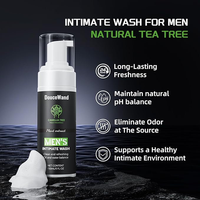 DouceWand Men's Intimate Wash - Foaming Groin Cleanser for Daily Hygiene & Odor Control - Enriched with Tea Tree Oil, Aloe & Camellia Extract - pH Balanced, Refreshing Body Wash for Athletes - 5 Fl Oz