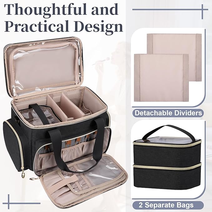 GDNasist Large Makeup Bag, Portable Travel Makeup Bag Organizer for Women Girls with 2 Removable Pouches & Detachable Dividers, Cosmetic Travel Bag, Toiletry Bag for Makeup and Hair Supplies Black