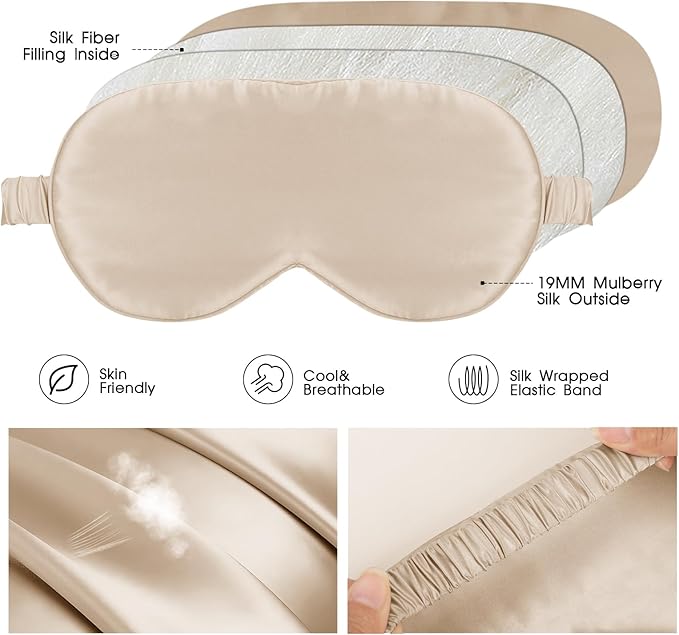 SILKTALE Soft Real Silk Light Blocking Cooling Sleep Eye Mask for Women/Men/Travel/Airplane,Beige