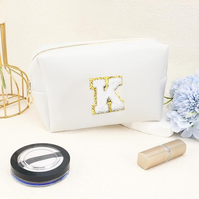 URSKYTOUS Gifts for Girls Initial Makeup Bag Personalized Cosmetic Bag with Zipper Cute Travel Toiletry Bags Waterproof PU Preppy Makeup Pouch Birthday Gift for Teen Girls Women(White K)