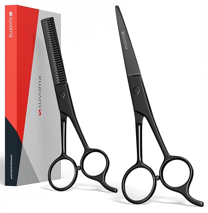 Suvorna 6.5" Professional Hair Scissors Set with Thinning Shears for Hair Dressers, Barbers and Professionals - Extremely Sharp Hair Cutting Scissors Set for Thinning, Layering and Cutting (Black)
