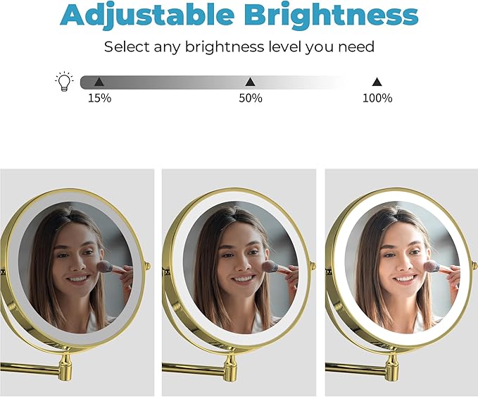 Fab Glass and Mirror Rechargeable Lighted Makeup Mirror 8 Inch, 1x/10x Magnification 3 Color Lights Touch Screen Dimmable 360° Rotation, Wall Mounted Magnifying Mirror Wall Mounted Mirrors (Gold)