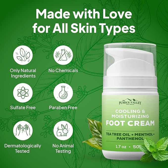 Pumice Valley Foot Cream for Dry Cracked Feet and Heels - Natural Moisturizer, Corn, Calluses Treatment - Skin, Body Lotion, Panthenol, Tea Tree Oil, Menthol 1.7 Oz