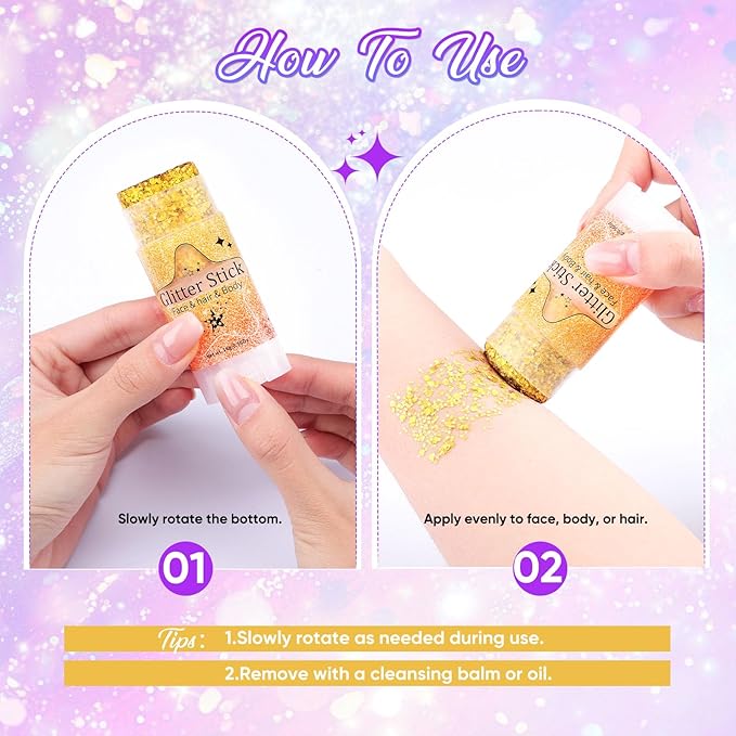 AROIC Body Glitter Stick - 6 Pack Mardi Gras Face & Hair Glitter with Chunky Sequins, Waterproof Sparkling Face Paint with Fruit Scent for Women Singer Festival Makeup Concert Party Rave Accessories