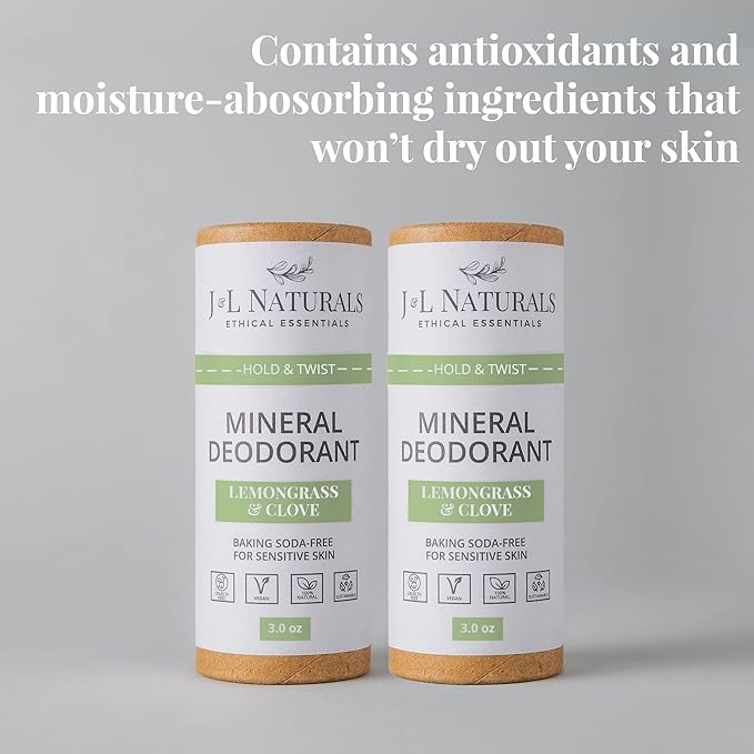 J&L Naturals Mineral Deodorant | Baking Soda-Free, 100% Natural, Sustainable Skin Care | Sensitive Deodorant For Women & Men | Aluminum Free, Vegan, Cruelty-Free (Lemongrass & Clove, 3 Oz (Pack of 2))