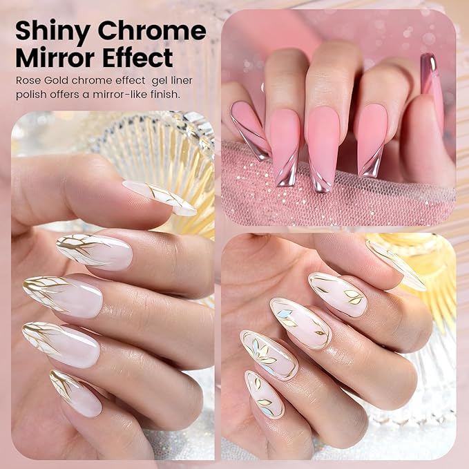 RARJSM Metallic Chrome Gel Liner Nail Art 3D Mirror Bronze Gold Rose Gold Effect Gel Nail Polish 8ml Painting Build in Thin Brush Metal Painted Drawing Striper GelPolish Curing Requires Home Salon
