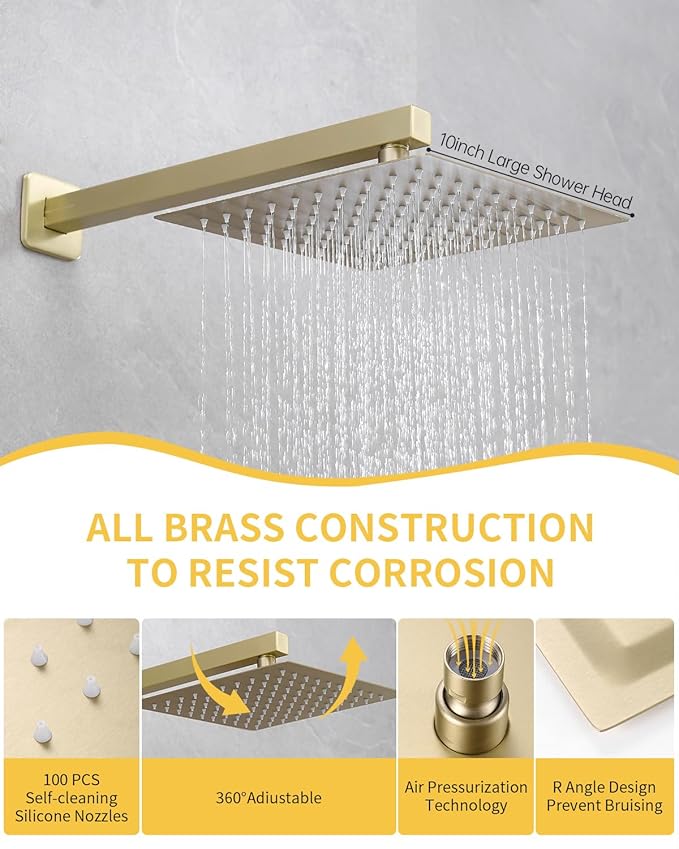 Fransiton Shower Faucet set with Shower head 10 Inches Rainfall Shower Head and Handle Set Single Handle Wall Mounted Shower System Set with Female Threads Valve Body(10", Brushed Gold)