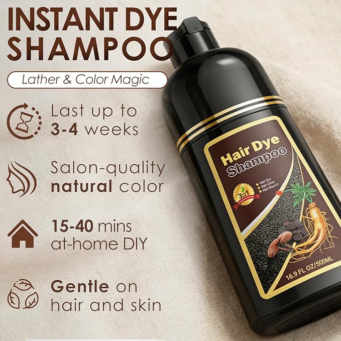 Hair Dye Shampoo 3 in 1 for Women Men, 100% Gray Coverage Root-to-Tip Coloring & Care, Long-Lasting Hair Color Shampoo with Natural Extracts, Easy Home Use for All Hair Types 16.9 fl oz (Dark Brown)