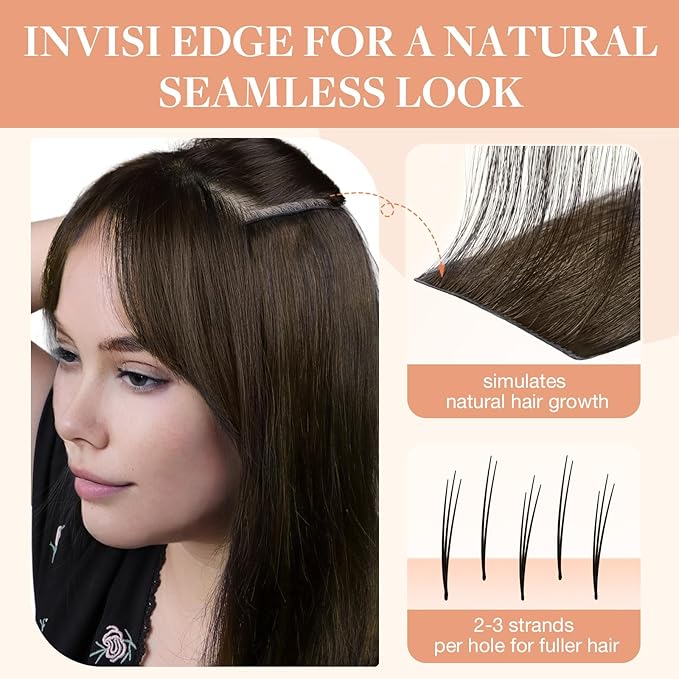 GOO GOO Invisi Edge Clip in Hair Extensions 16inch 130g 7Pcs Injected Seamless PU Clip in Hair Extensions, Virgin Real Human Hair, 4/27/4 Balayage Chocolate Brown to Caramel Blonde