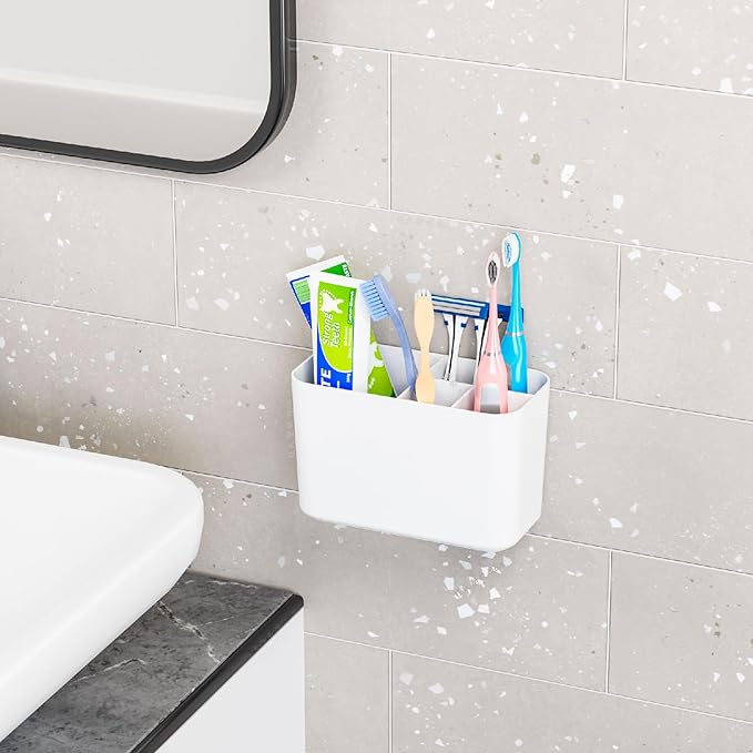 Electric Toothbrush Holder for Bathroom Countertop and Wall Mounted with Adhesive,5 Slots Family Size White Tooth Brush and Paste Holder & Stand,Cute Kids Tooth Rush Holders and Toothpaste Organizer