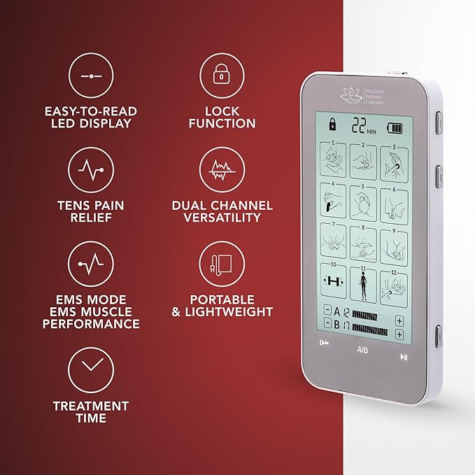 Massage Therapy Concepts TENS Unit with Medical Grade Dual Channel - Professional Tens Machine for Chronic Pain Relief - EMS Muscle Stimulator with 12 Modes and 20 Levels