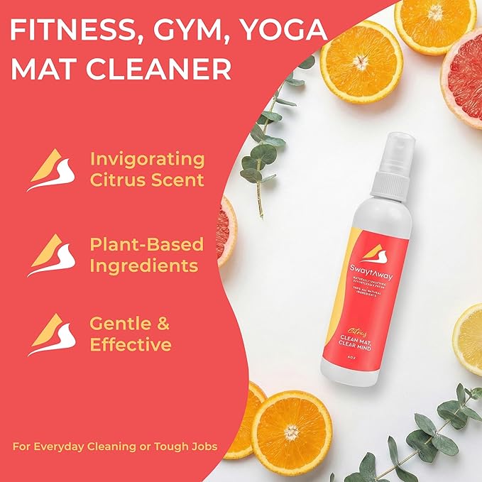 SwaytAway Fitness Mat Mist – 4oz Travel Size Yoga Mat Spray with Towel - (Pack of 2) – Aromatherapy-Inspired Citrus and Eucalyptus Blend – Plant-Based, No Rinse, Refreshes & Deodorizes
