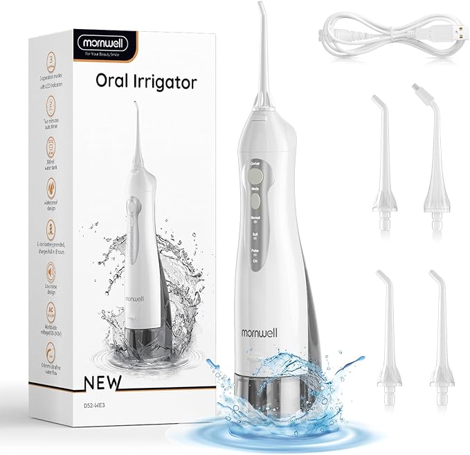 Mornwell Water Flosser Cordless, Water Flossers for Teeth - 300ML Tank and 4 Jet Tips, 3 Modes Portable Dental Oral Irrigator, Braces Care, Rechargeable Waterproof Portable Water Flosser