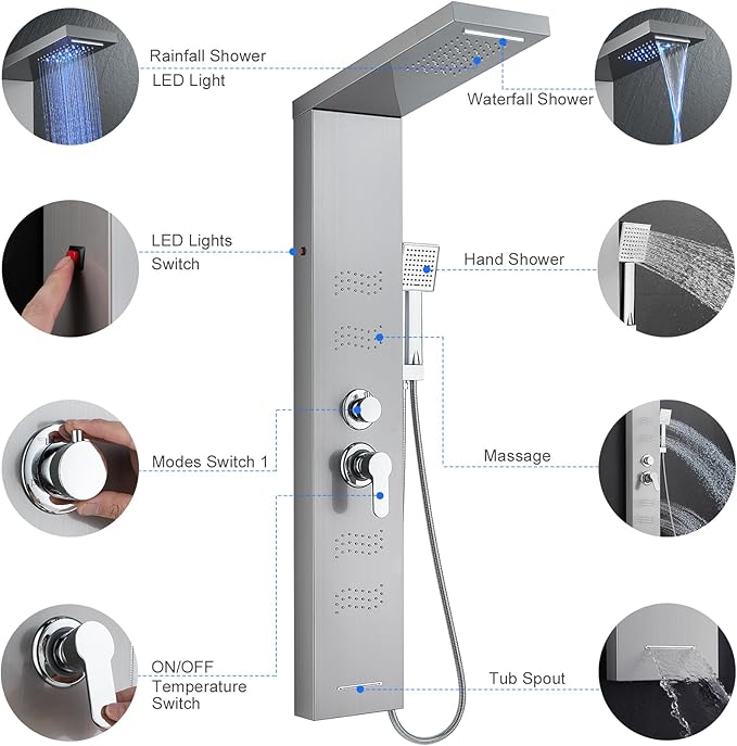 TSIBOMU Shower Panel Tower System with LED Lights, Stainless Steel 5 in 1 Shower Panel with Rainfall Waterfall Shower Head, Body Spray, Handheld Shower, Tub Spout (Brushed)
