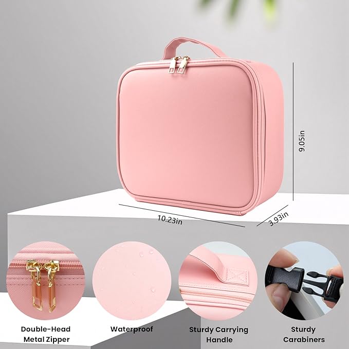 SUILU Travel Makeup Bag with LED Mirror Makeup Case with Light Up Mirror Portable Cosmetic Brush Organizer Bag with Adjustable Dividers for Cosmetics Makeup Brushes Toiletry (Pink)