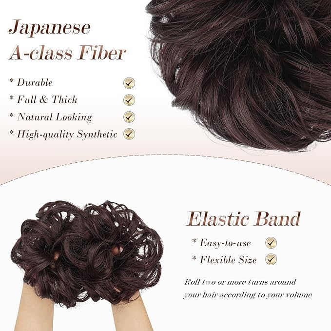 FESHFEN Messy Bun Hair Piece - Wavy Synthetic Chignon Scrunchies for Instant Volume, Elastic Bun Ponytail Hair Extensions Thick Hairpieces for Women, Black Cherry 1.50 oz