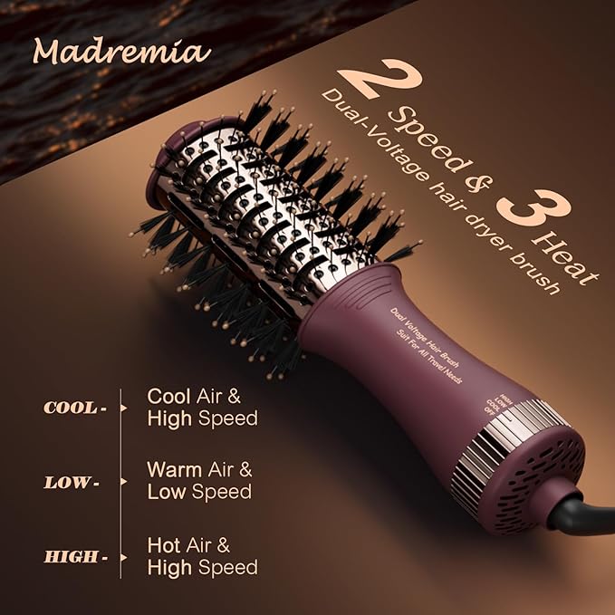 Travel Dual Voltage Hair Dryer Brush 4-in-1 Portable Mini Hot Air Blow Dryer Straightener & Curler Brush, Automático Doble Voltaje Cepillo Secador De Cabello 110~240V US/EU/UK -Blackcurrant Rose Gold