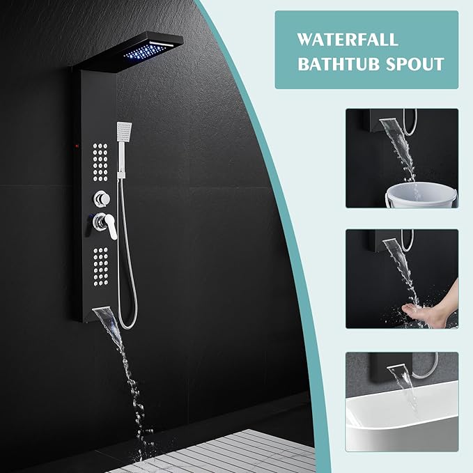 KINKIB LED Shower Panel Tower System Black with Rainfall Waterfall Shower Head, 5-in-1 Shower Tower with Powerful Body Jets, Handheld Shower and Tub Spout, High Pressure Shower Column Stainless Steel