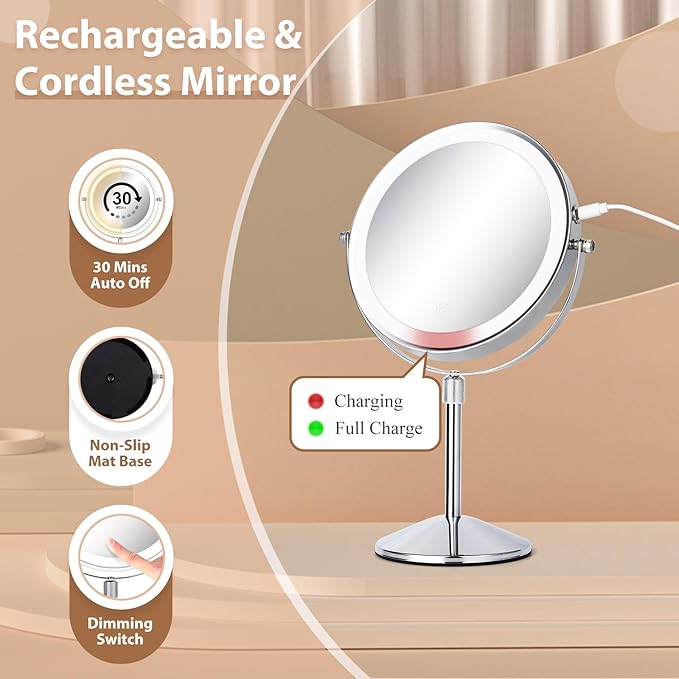 8" Lighted Makeup Mirror with Adjustable Height, 1X/10X Magnification, Rechargeable LED Vanity Mirror with 3 Color Modes, 360° Rotating Touch Screen, Magnifying Tabletop Cosmetic Mirror