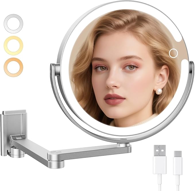 Wall Mounted Makeup Mirror with Lights, 8-inch 20X/1X Magnifying Mirror, Rechargeable LED Vanity Mirror with 3 Color Lights, 360° Swivel & Extendable Arm