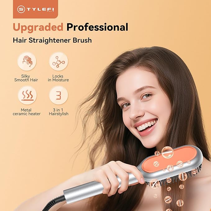 Upgraded Ionic Hair Straightener Brush for Women, Compact Wave-Design Bristles Hot Comb, Fast & Smooth Styling, Lightweight Double Voltage 120-240V Flat Iron Brush for Travel, Orange-Silver