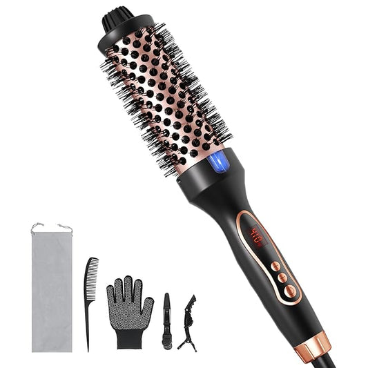 Thermal Brush, 1.5 inch Heated Round Brush Hair Curling Brush for Natural Curl, Straightener and Curler 2 in 1, Negative Ion Technology, 9 Temperature Settings, Dual Voltage for Travel, Black