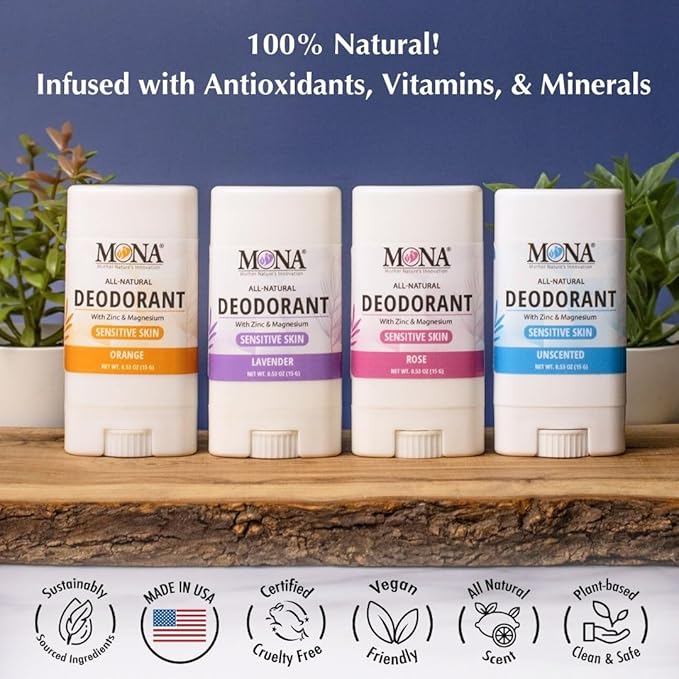 MONA Brands Natural Mini Deodorant for Women & Men, Travel Size 4-Pack, Aluminum & Baking Soda Free, Gentle for Sensitive Skin, Vegan Deodorant Sticks, 0.53 oz Each