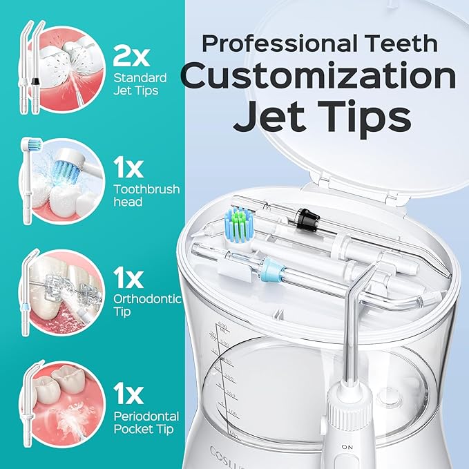COSLUS Electric Water Flosser for Teeth: Professional Dental Pick for Orthodontic, Sensitive Gums, Braces - 12 Pressure Settings & 5 Multi-Functional Tips for Multiple Users, Home Use, White