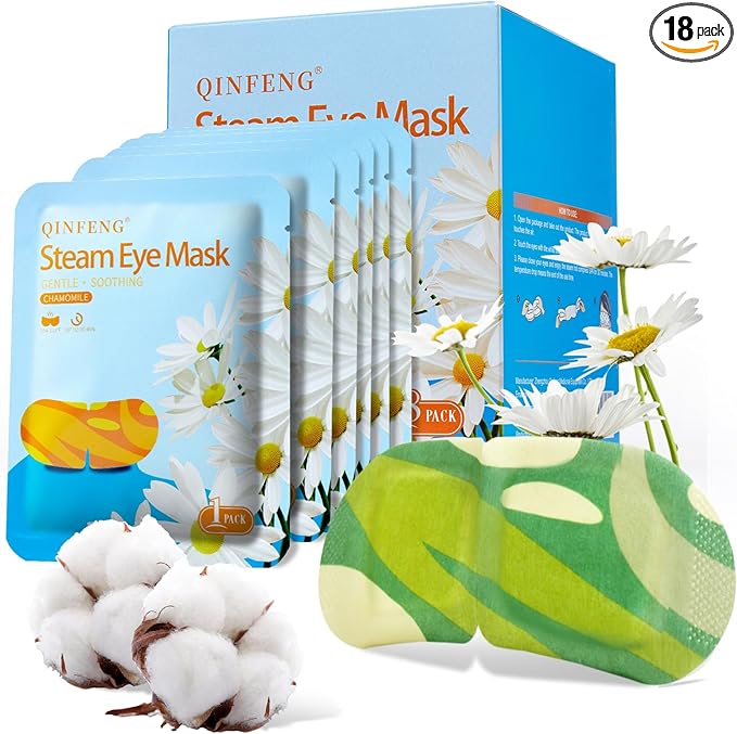 QINFENG 18 Packs Steam Eye Mask for Dry Eyes Self Heating Masks Cornea Care Rest Disposable SPA Warm Compress,Eye Mask for Sleep,Stye Eye Treatment,Reduce Eye Fatigue Travel Essentials（Chamomile）