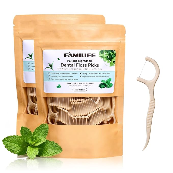 FAMILIFE Eco-Friendly Floss Picks (200Pcs) - Plant Based Dental Floss Picks with Strong Toughness, Natural Tooth Picks Flossers for Adults Daily Oral Cleaning & Gentle Gum Care, Mint Flavor
