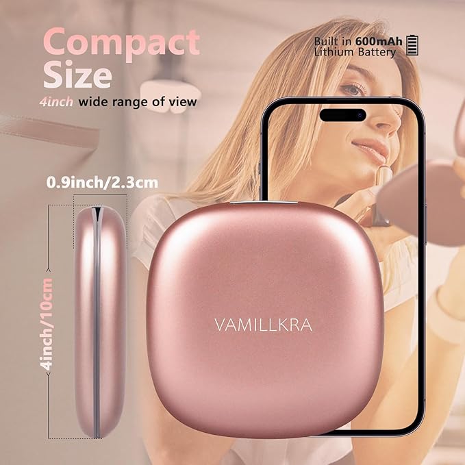Travel Mirror with Light, 1X/7X Magnifying Mirror, 4 Inch LED Lighted Rechargeable Compact Makeup Mirror, 3 Colors Dimmable Light Up Portable Pocket Mirror for Handbag (Rose Gold 7X)