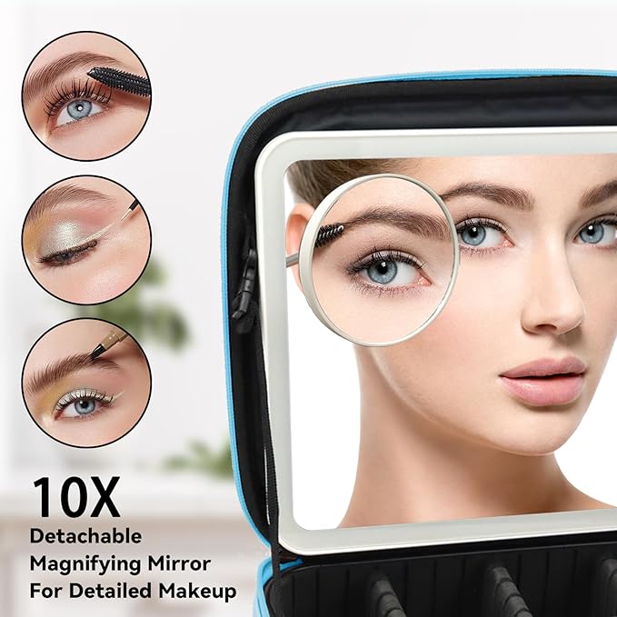 SLUMAZI Travel Makeup Bag with LED Mirror and 10x magnifying glass with 3 Lighted Settings, Adjustable Dividers and Makeup Brush Storage Bag Blue