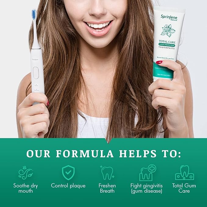 SprinJene Natural Total Care Toothpaste – Fluoride Toothpaste for Cavity Protection & Gum Health – Natural Formula with Patented Black Seed Oil & Zinc – Made in The USA (1 Pack)