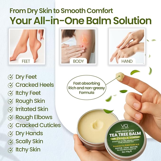 VITAL AFFAIR Tea Tree Oil Balm – Soothing Care for Rashes, Athlete’s Foot, Jock Itch, Bug Bites, Folliculitis, Cracked Feet, Dry, Flaky, Irritated Skin – For All Ages & Sensitive Skin - 2 oz