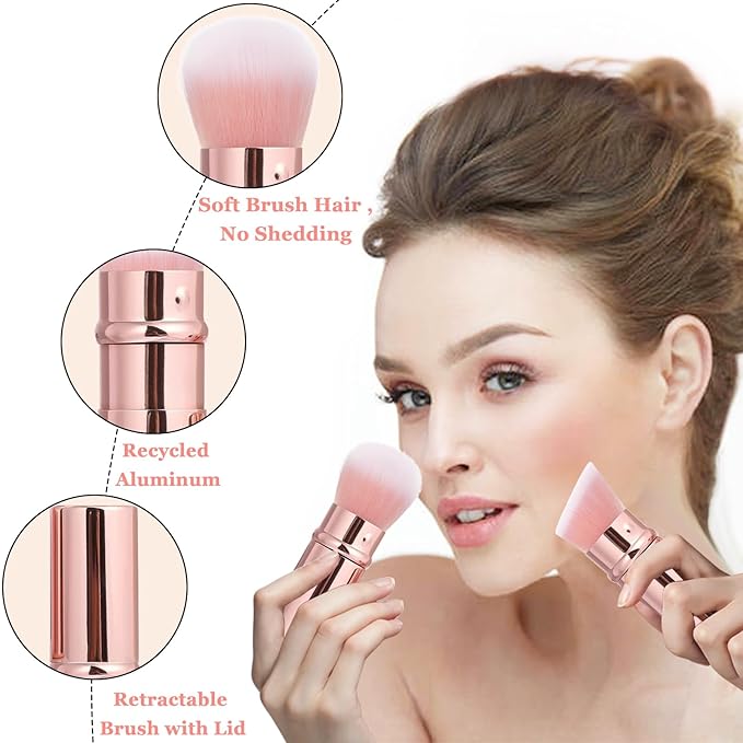 Keriloo Retractable Makeup Brush 2 Pack, Travel Kabuki Powder Makeup Brush, Foundation Face Blush Brushes for Blending Liquid, Blush, Bronzer, Buffing, Sunscreen,Flawless Cosmetics