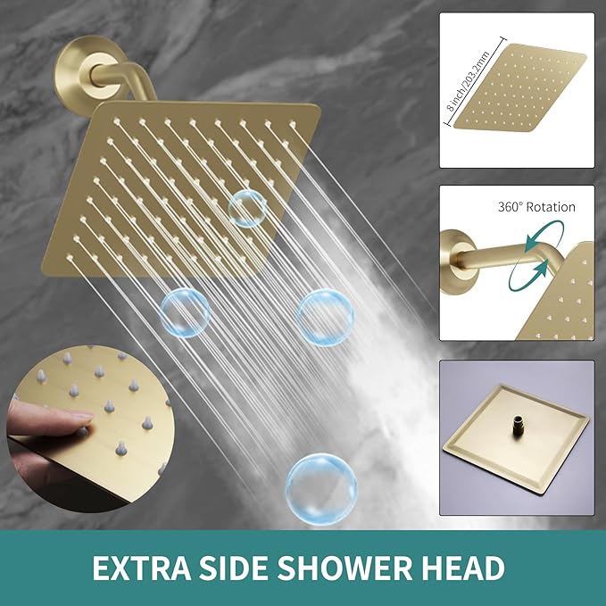 WHSHOWER Brushed Gold Triple Shower Heads Shower System with 12"+8"+8" Top Shower Heads, Digital Display Shower Valve, Body Jets and Handheld Shower,Full Body Shower System