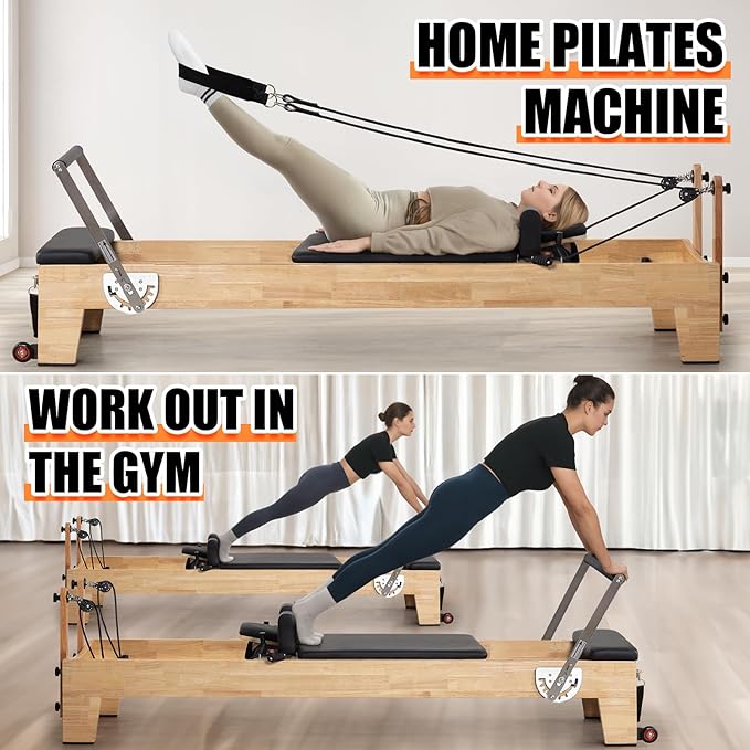 Pilates Reformer Machine, Wood Pilates Machine Bed Yoga Exercise Strength Training Equipment for Home Workout