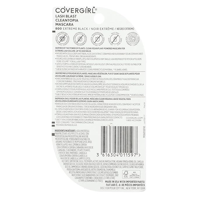 Covergirl Lash Blast Cleantopia Mascara, Volumizing, Smudge-Proof, Vegan Formula, Extreme Black 800, 1 Count
