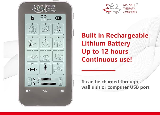Massage Therapy Concepts TENS Unit with Medical Grade Dual Channel - Professional Tens Machine for Chronic Pain Relief - EMS Muscle Stimulator with 12 Modes and 20 Levels