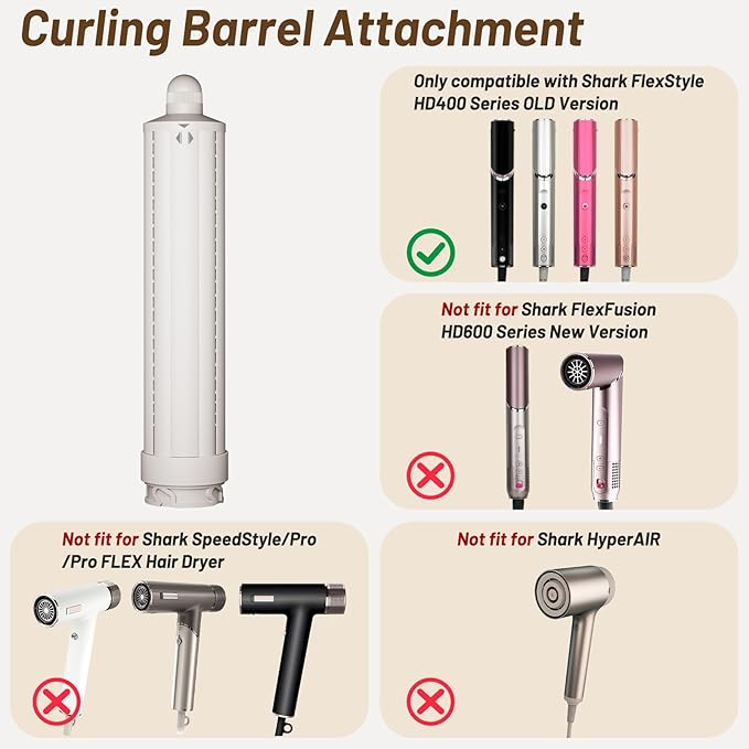 1.6in Long Hair Curling Barrel Attachment Compatible with Shark FlexStyle, Self-Curling Accessories for Shark Flex Style HD400 Series With Both Curl Directions for Loose Curls Waves